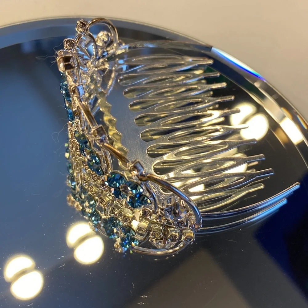 Kids Mini Crystal Tiara Comb Clear and Aqua Blue Rhinestones